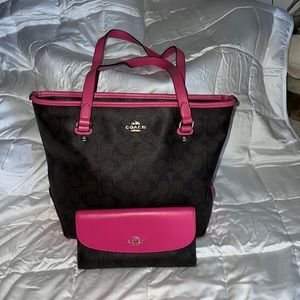 Pink and brown coach purse with matching wallet